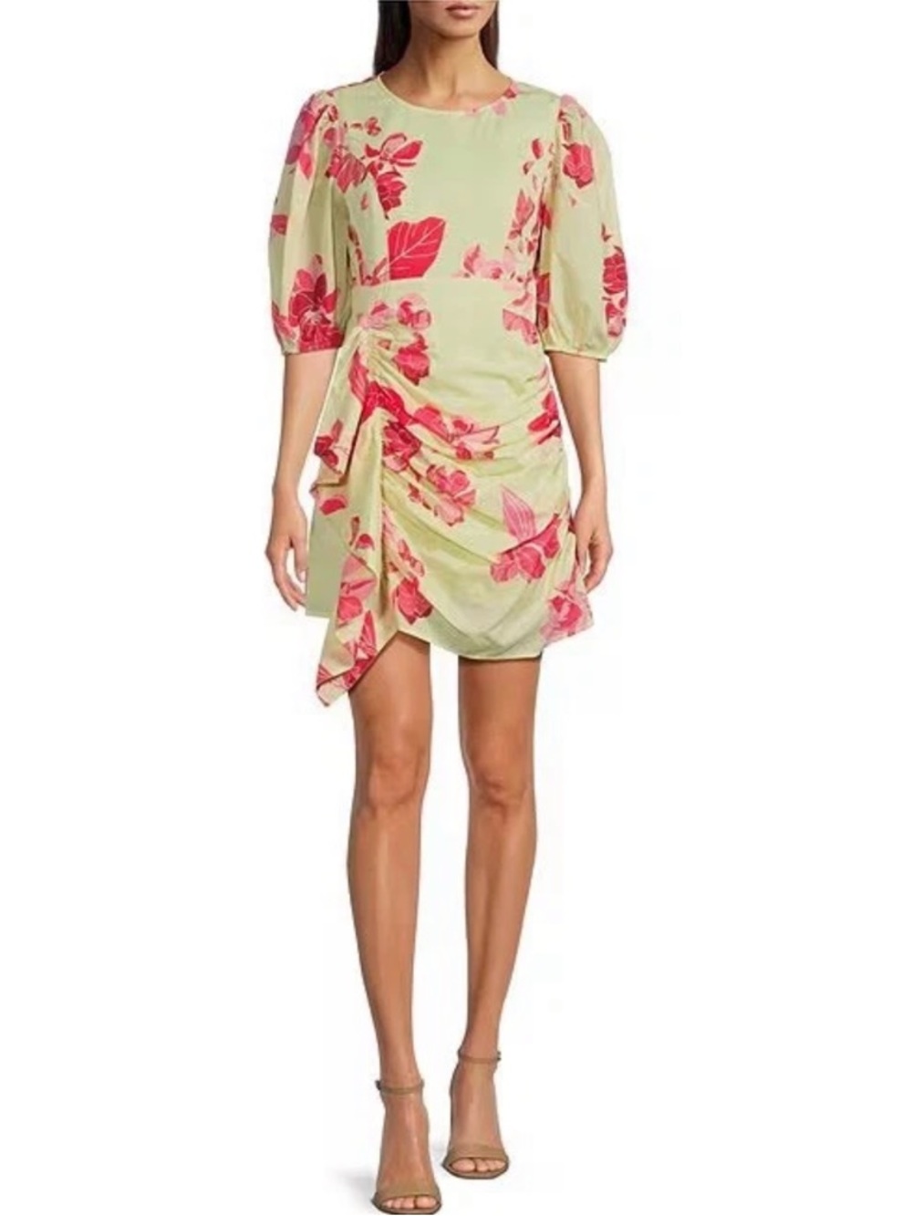 J.Marie Alara Floral Print 3/4 Puff Sleeve Ruched Faux Wrap‎ Dress XS NWT